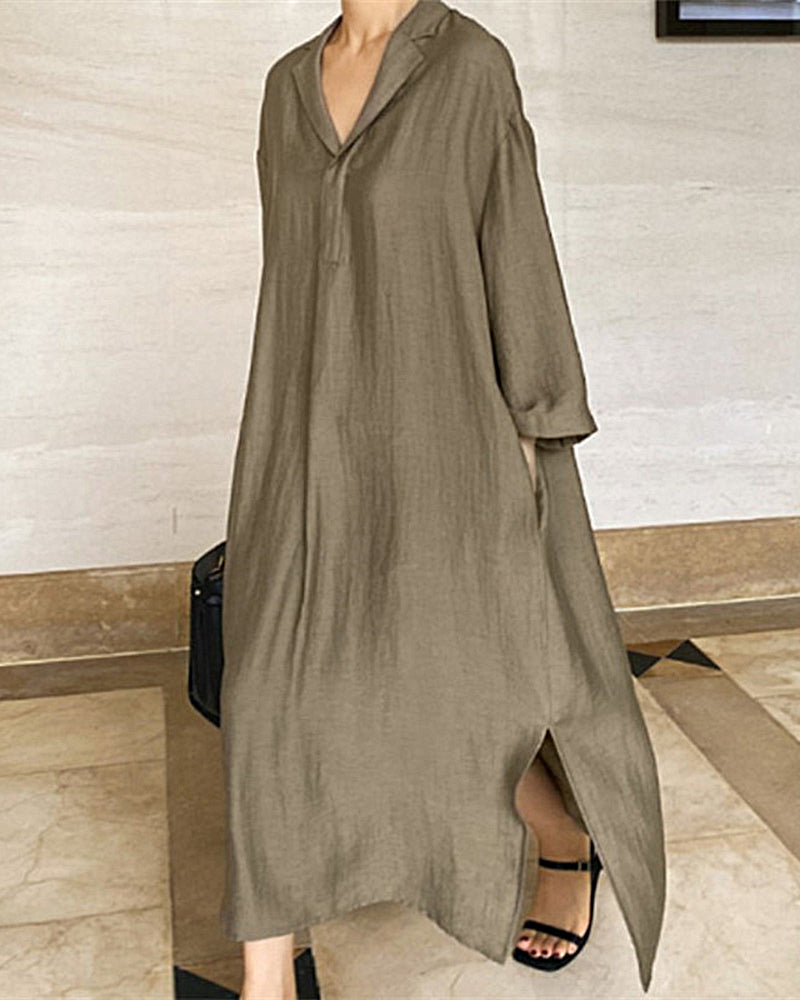 LP | Vestito di camicia estivo di colore solido allentato e a maniche lunghe con scollo a V