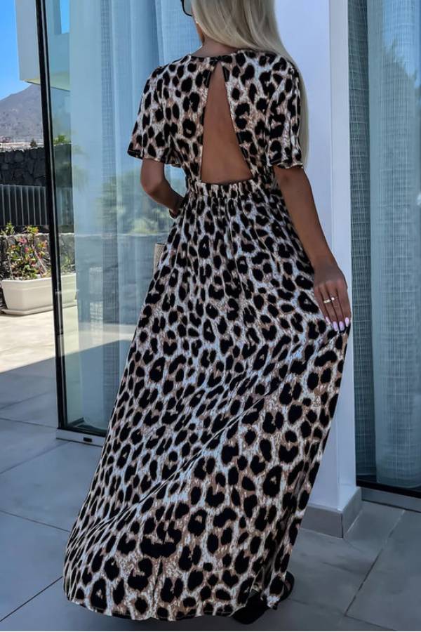 LP | Khaki Leopard Maxi abito aperto sul retro con scollo a V e vita alta
