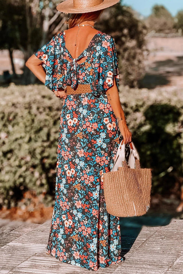 LP | Sky Blue Boho Floral Print Knotted Backless Maxi Dress (Maxi abito senza schienale)