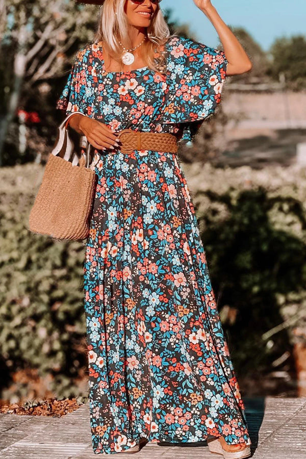 LP | Sky Blue Boho Floral Print Knotted Backless Maxi Dress (Maxi abito senza schienale)