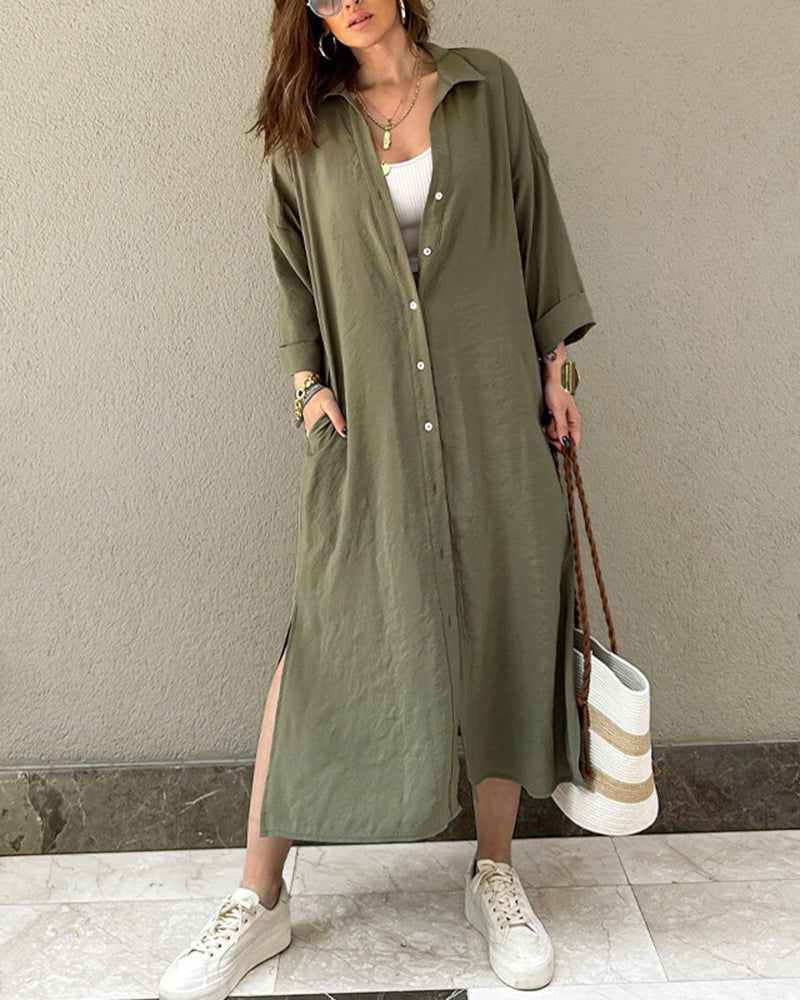 LP | Pulsante Camicia lunga tascabile Abito casual