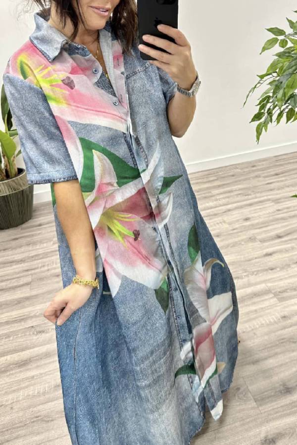 LP | Tessuto finto denim Stampa orchidea Tasca Camicia Maxi Dress