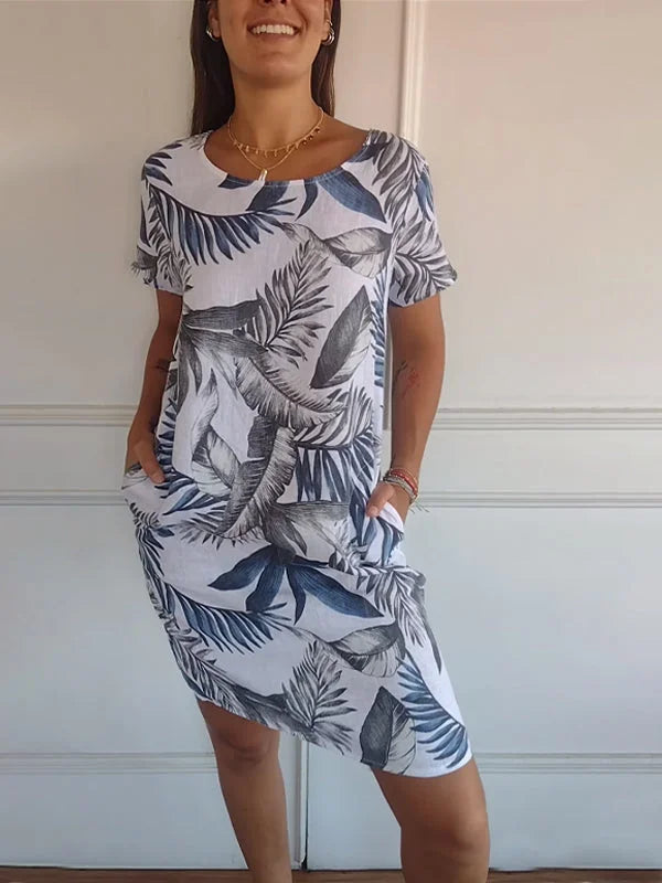 LP | Abito da donna in cotone e lino stampato con scollo rotondo