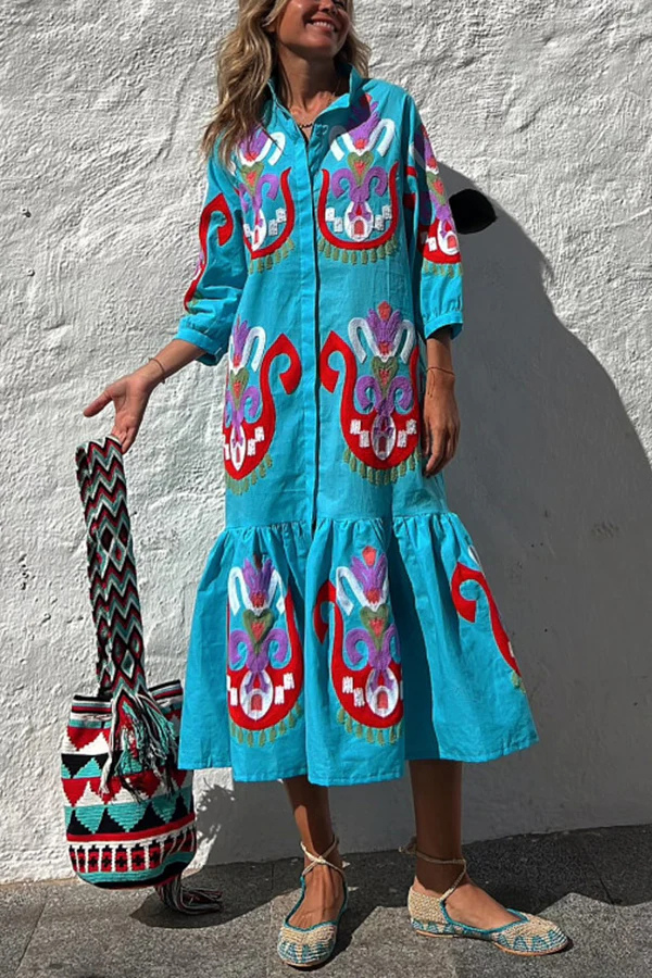 LP | Portami a Cabo Stampa etnica unica Pulsante Camicia allentata Midi Dress