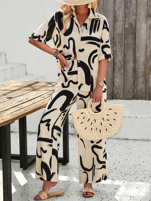 LP | Nuove donne casual moda stampato risvolto camicia manica corta e pantaloni abito vacanza