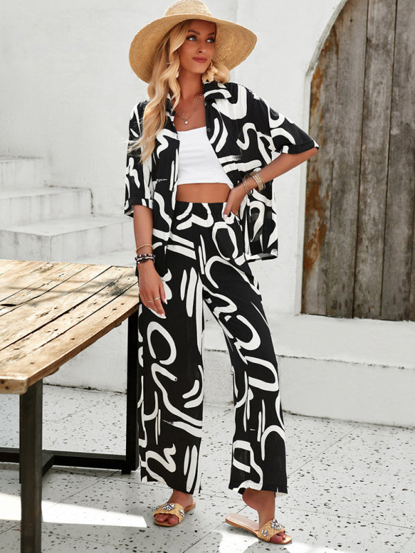 LP | Nuove donne casual moda stampato risvolto camicia manica corta e pantaloni abito vacanza