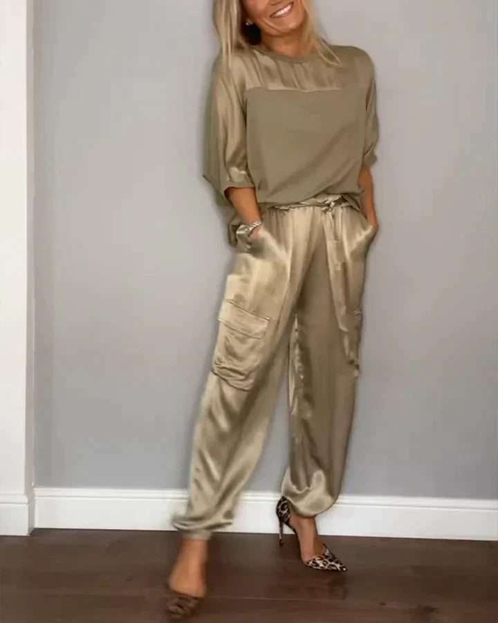 LP | Set due pezzi con top e pantaloni in raso monocolore per donna