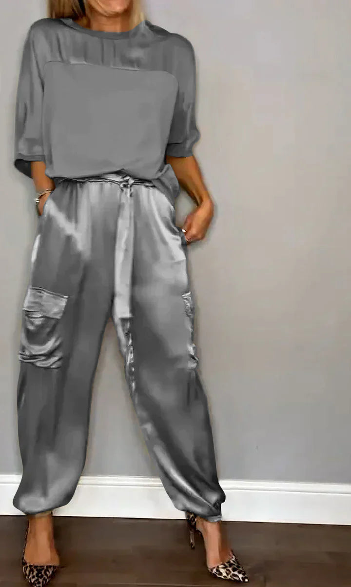 LP | Set due pezzi con top e pantaloni in raso monocolore per donna