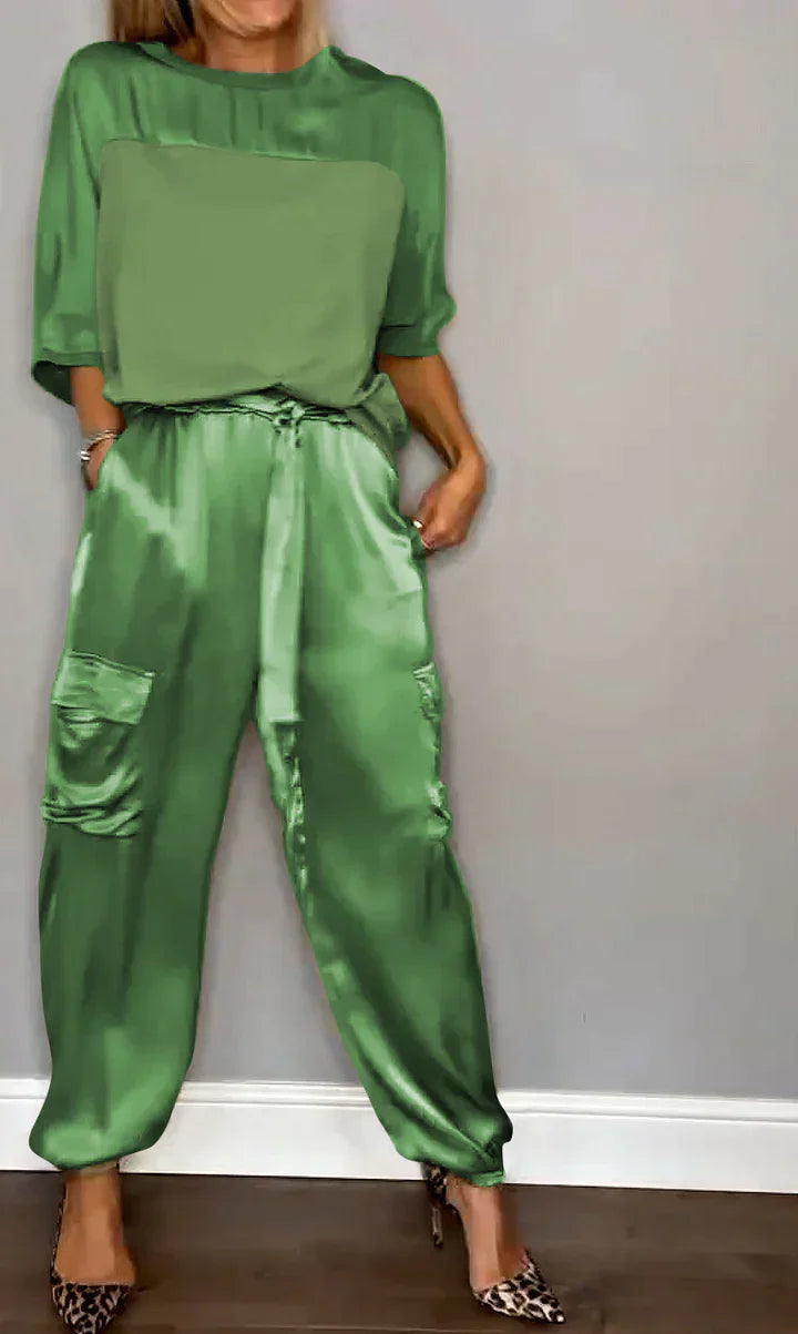 LP | Set due pezzi con top e pantaloni in raso monocolore per donna