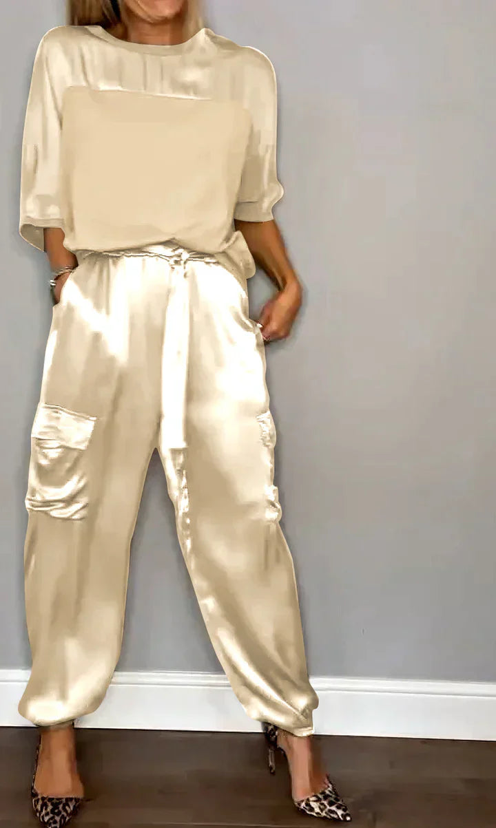 LP | Set due pezzi con top e pantaloni in raso monocolore per donna