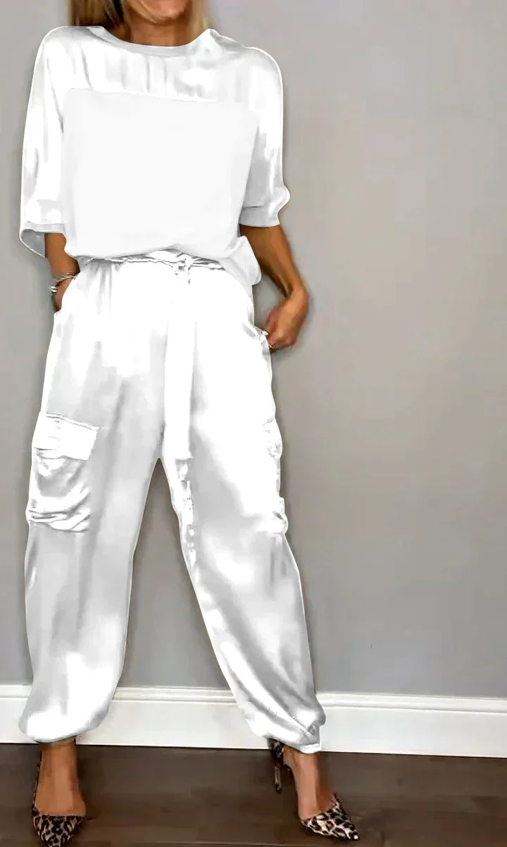 LP | Set due pezzi con top e pantaloni in raso monocolore per donna