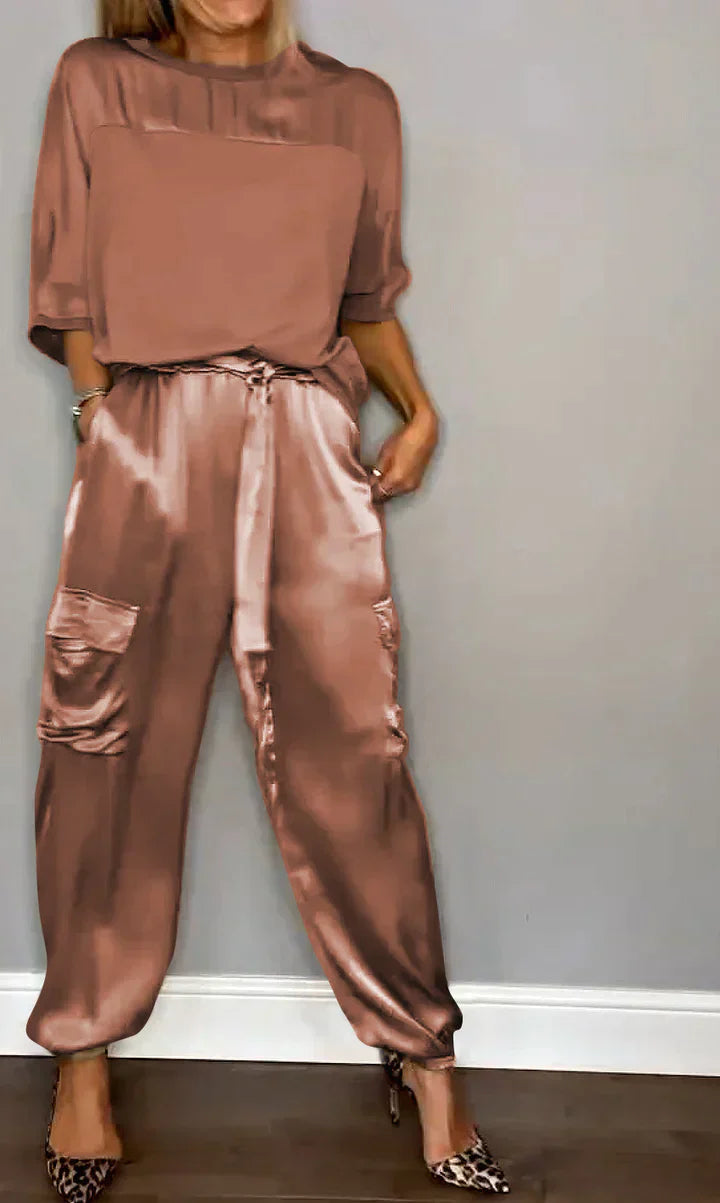 LP | Set due pezzi con top e pantaloni in raso monocolore per donna
