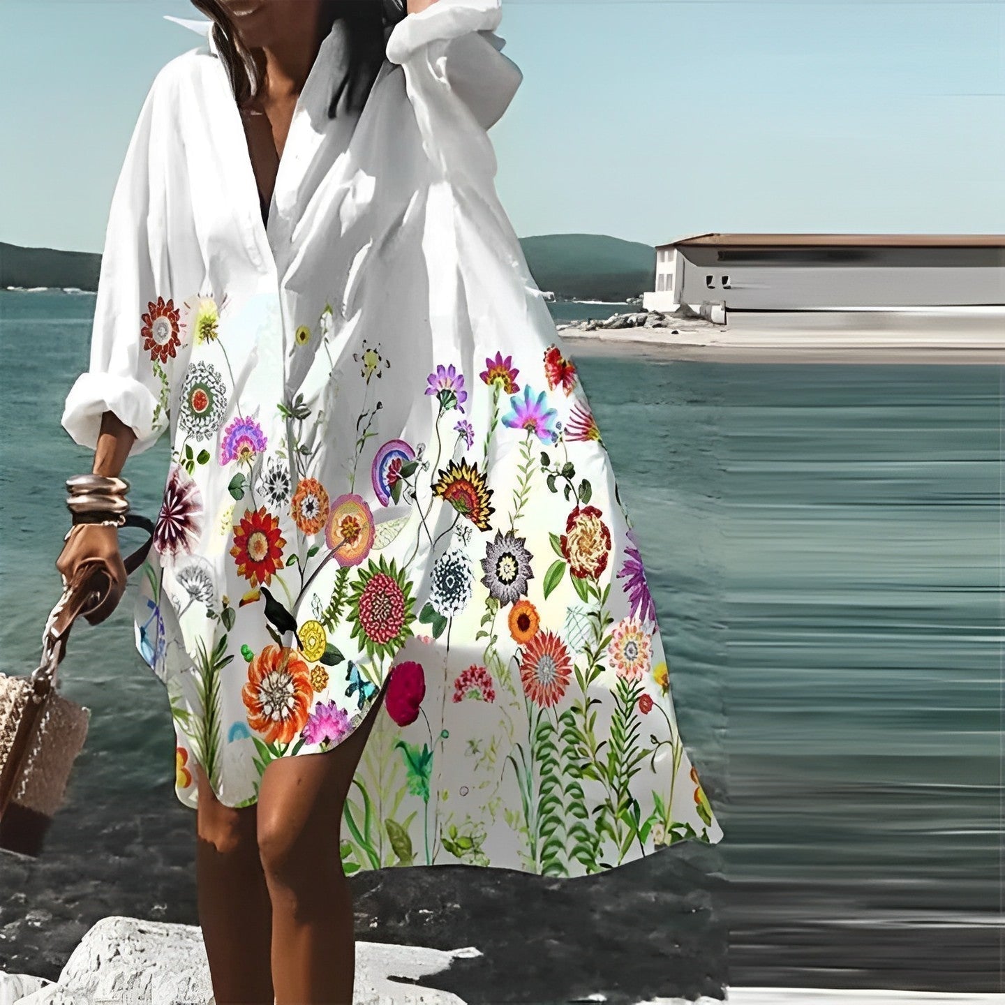 LP | Abito midi a maniche lunghe con stampa floreale oversize