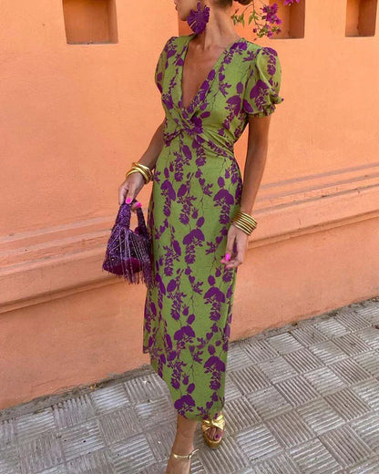 LP | Abito midi floreale vintage con maniche a sbuffo