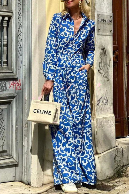 LP | Stampa etnica con risvolto e tasca a bottone Camicia a maniche lunghe maxi abito