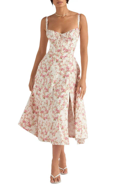 LP | Abito bustier con motivo floreale e cintura in vita