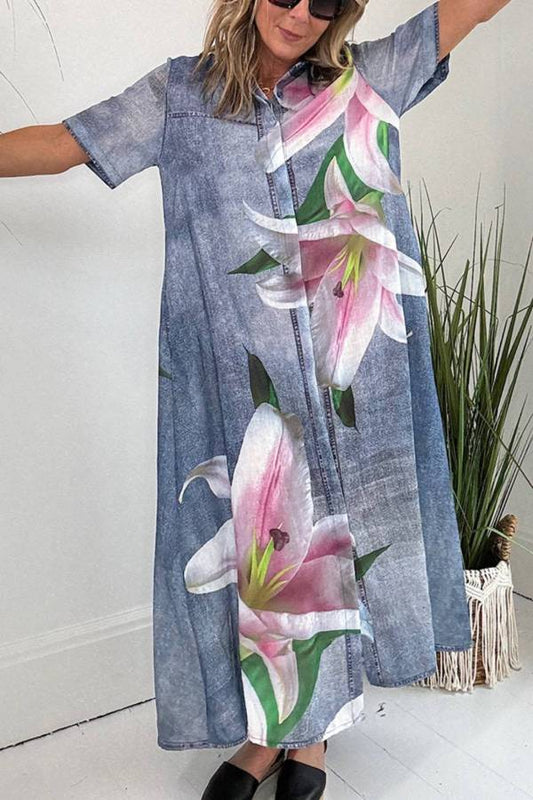 LP | Tessuto finto denim Stampa orchidea Tasca Camicia Maxi Dress