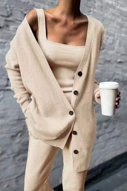 LP | Gilet cardigan solido casual Pantaloni colletto quadrato manica lunga Set di tre pezzi (3 colori)