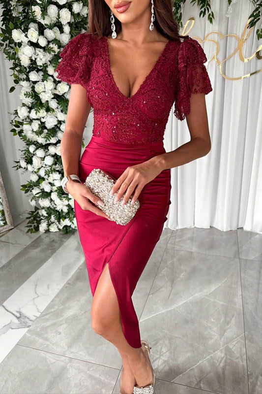 LP | Celebrità Abiti eleganti in paillettes solide con scollo a V e gonna avvolgente