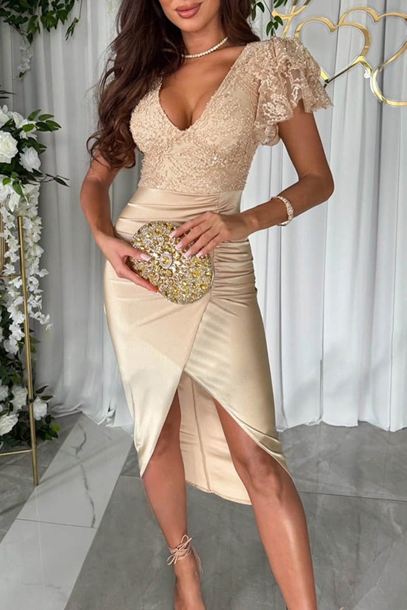 LP | Celebrità Abiti eleganti in paillettes solide con scollo a V e gonna avvolgente