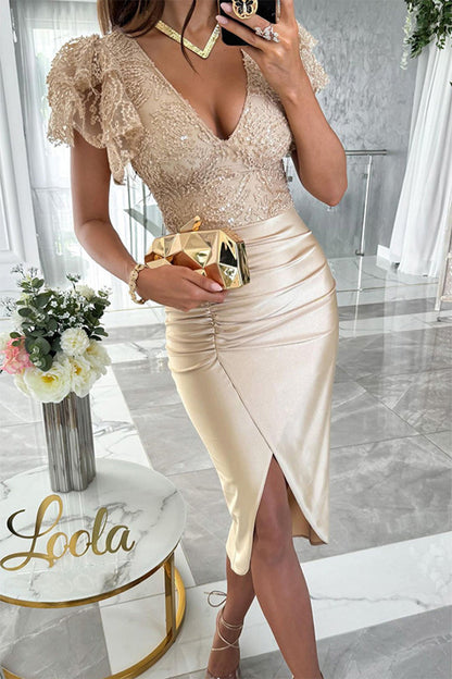 LP | Celebrità Abiti eleganti in paillettes solide con scollo a V e gonna avvolgente