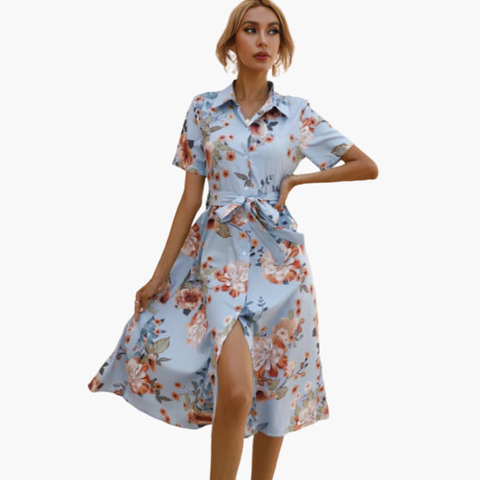 LP | Abito camicia floreale da donna con maniche corte e cintura in vita