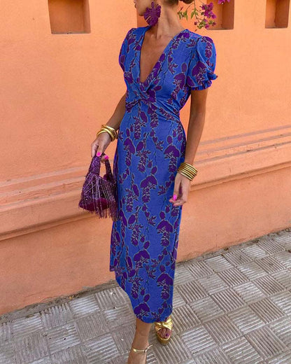LP | Abito midi floreale vintage con maniche a sbuffo