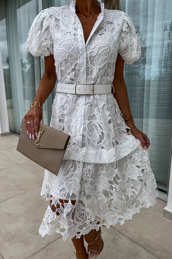 LP | Assolutamente elegante il vestito floreale in pizzo all'uncinetto con maniche a sbuffo e camicia con cintura