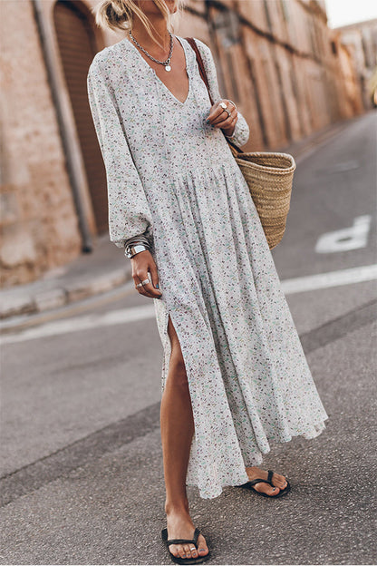 LP | Maxi abito floreale multicolore con scollo a V e spacchi