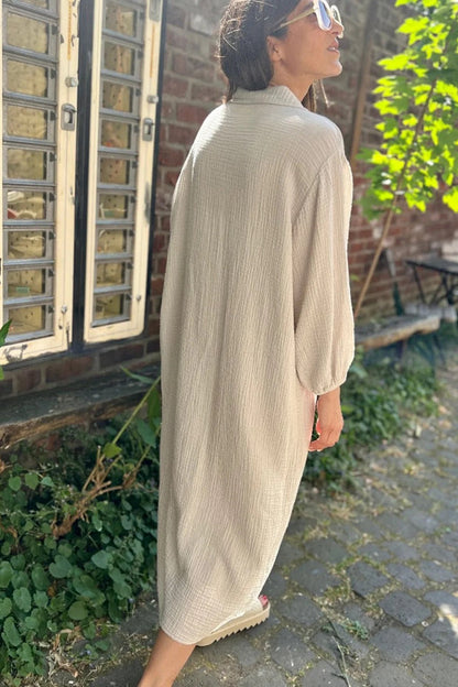 LP | Bianco Colletto risvoltato testurizzato Abito a camicia lungo