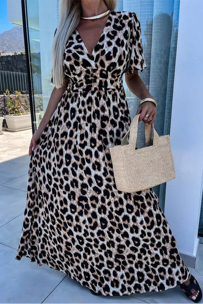 LP | Khaki Leopard Maxi abito aperto sul retro con scollo a V e vita alta