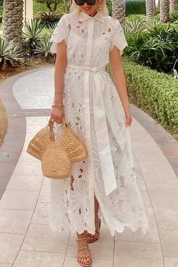 LP | Dubai Style floreale all'uncinetto pizzo manica corta Tie-up camicia Maxi Dress