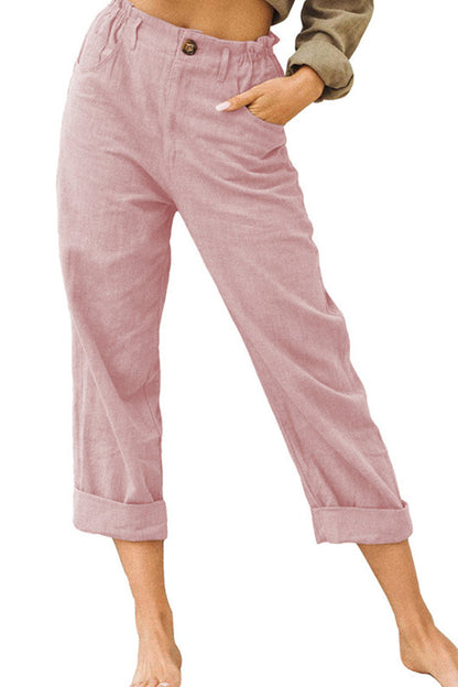 LP | Pantaloni casual a vita alta in cotone e lino tinta unita alla moda