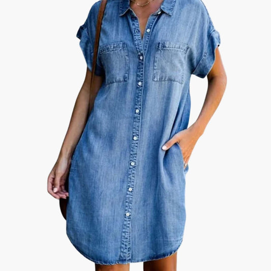 LP | Abito camicia in denim da donna con maniche corte e tasche laterali