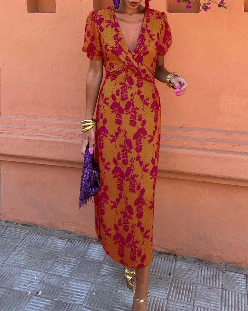 LP | Abito midi floreale vintage con maniche a sbuffo