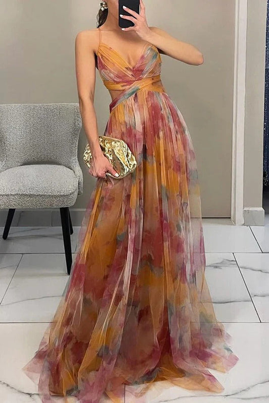 LP | Giselle Tulle Render Stampa Floreale Tagliato in Vita Indietro Allacciato Maxi Abito