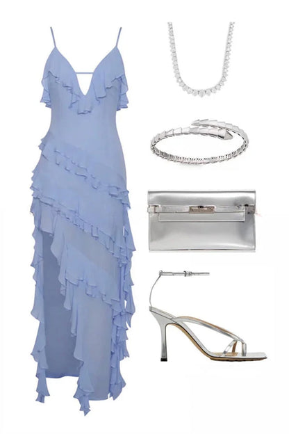 LP | Abito lungo e fluente con balze sovrapposte e spacco irregolare per un look elegante