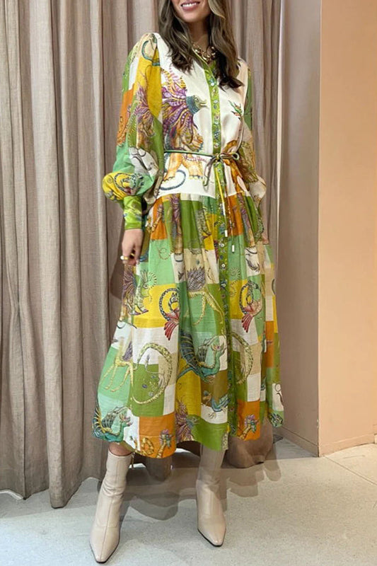 LP | Famiglia di draghi stampata con maniche a palloncino Camicia leggera Midi Dress