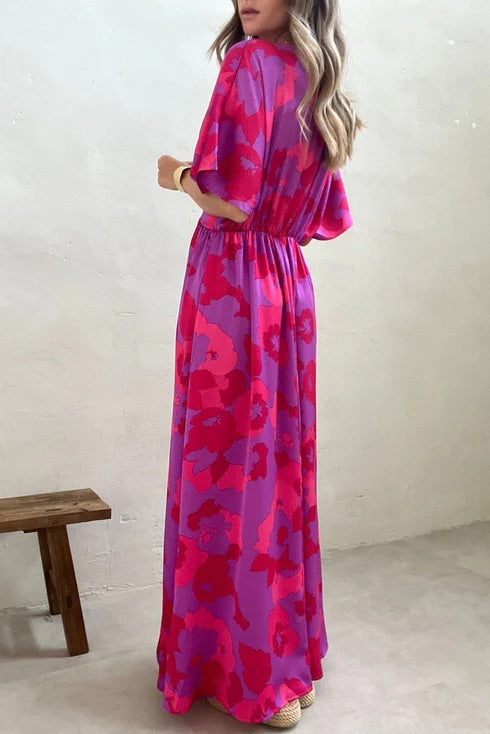LP | Rose Abstract Floral Print - Maxi abito Dolman con scollatura a V