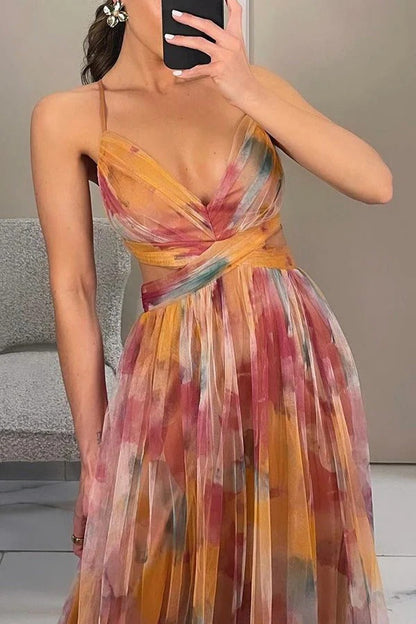 LP | Giselle Tulle Render Stampa Floreale Tagliato in Vita Indietro Allacciato Maxi Abito
