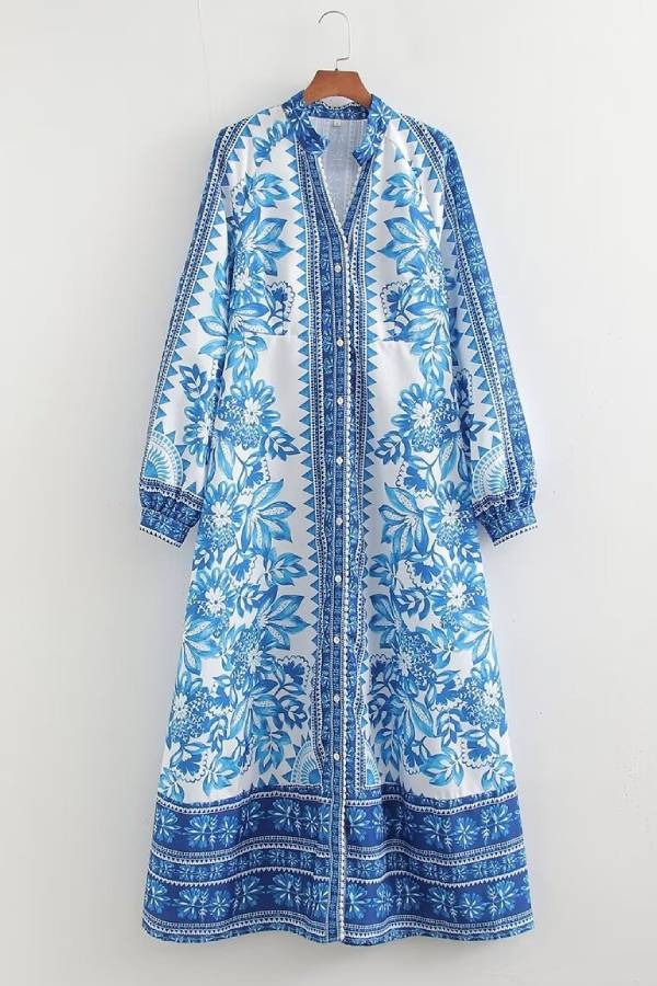 LP | Stampa unica Pulsante giù camicia a maniche lunghe Maxi Dress
