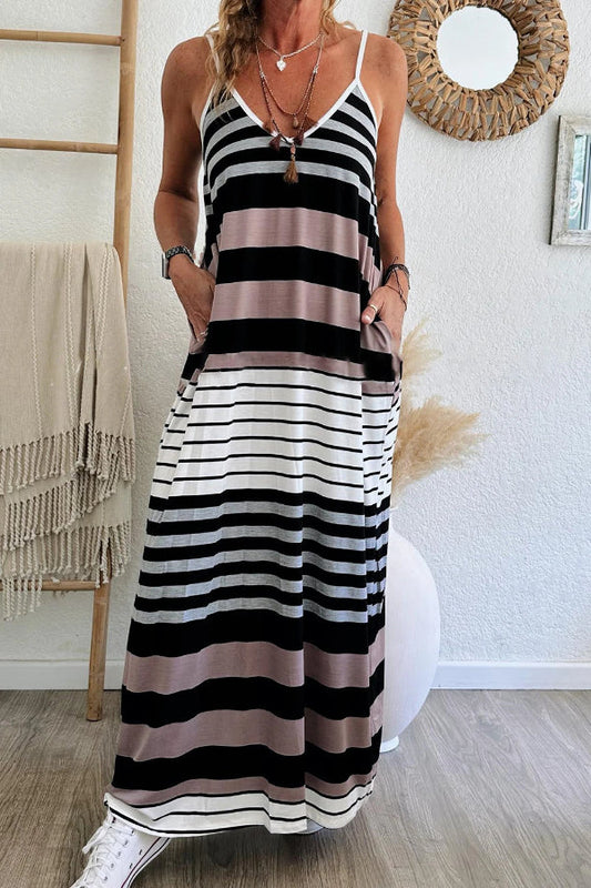 LP | Maxi abito a righe multicolore con scollo a V e cinturino a spaghetti