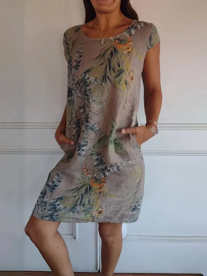 LP | Abito da donna in cotone e lino stampato con scollo rotondo