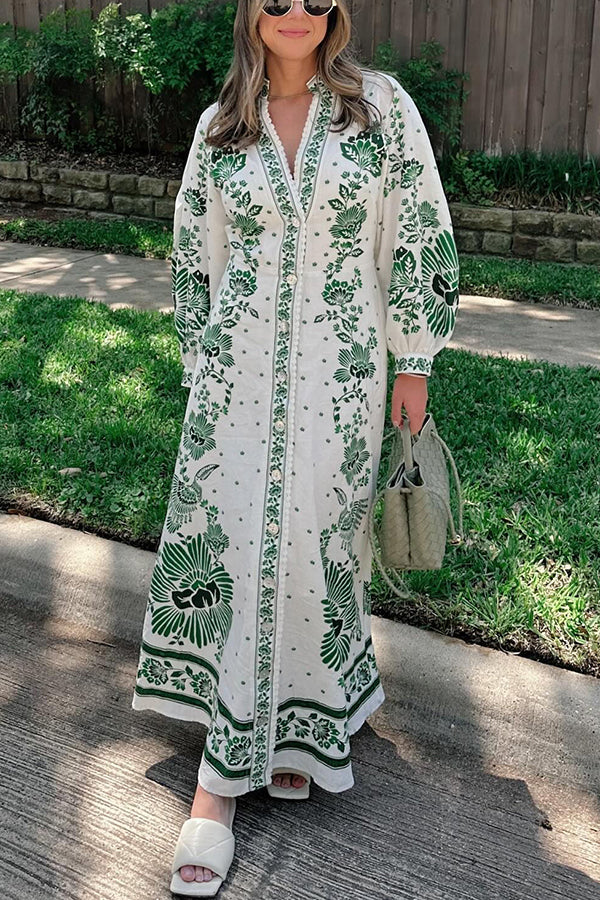 LP | Stampa unica Pulsante giù camicia a maniche lunghe Maxi Dress