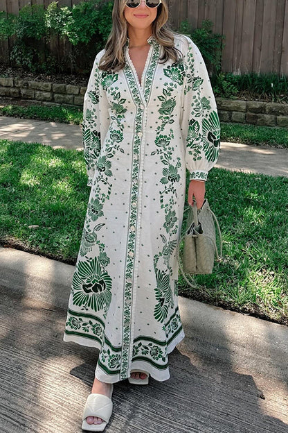 LP | Stampa unica Pulsante giù camicia a maniche lunghe Maxi Dress