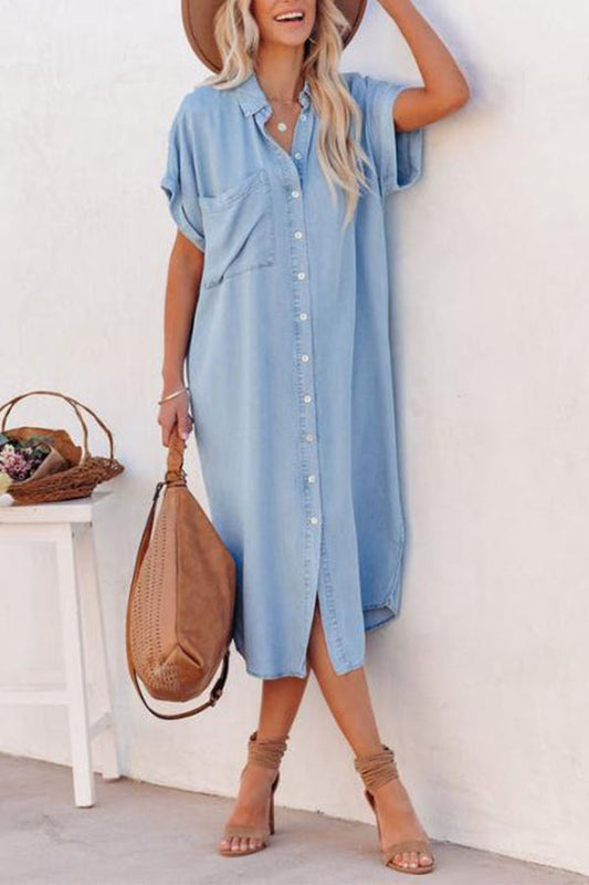 LP | Moda tinta unita Denim manica corta camicia con spacco lungo vestito