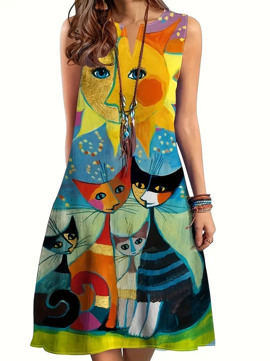 LP | Gatto artistico colorato con scollo a V e abito midi senza maniche per donna
