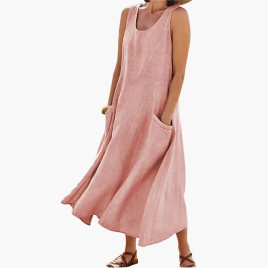LP | Abito midi senza maniche in lino da donna con scollo rotondo e tasche