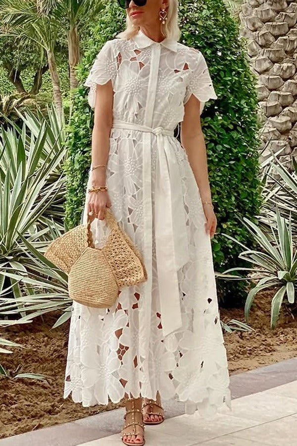 LP | Dubai Style floreale all'uncinetto pizzo manica corta Tie-up camicia Maxi Dress