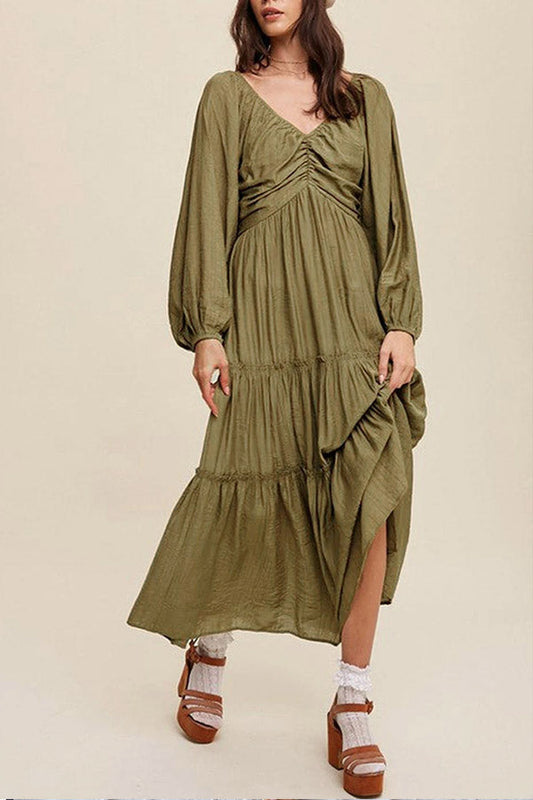 LP | Verde Maxi abito a righe con scollo a V e fiocco con volant